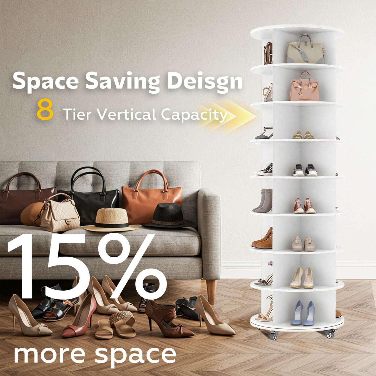 YODOLLA 8 Tier Rotating Shoe Rack Shoe Tower Organizer, White