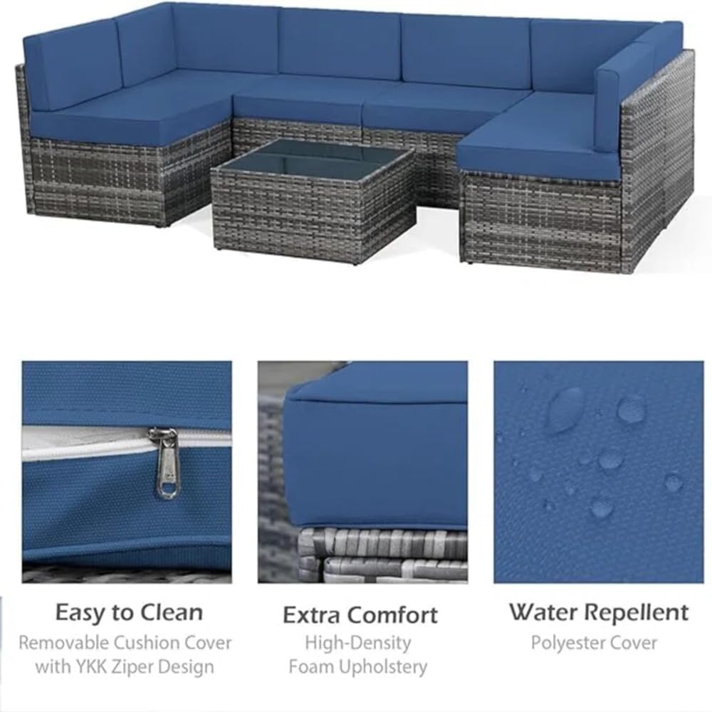 YODOLLA 7 Piece Outdoor Patio Furniture Set with Extra 43'' Fire Pit Table, Gray Rattan & Navy Cushion