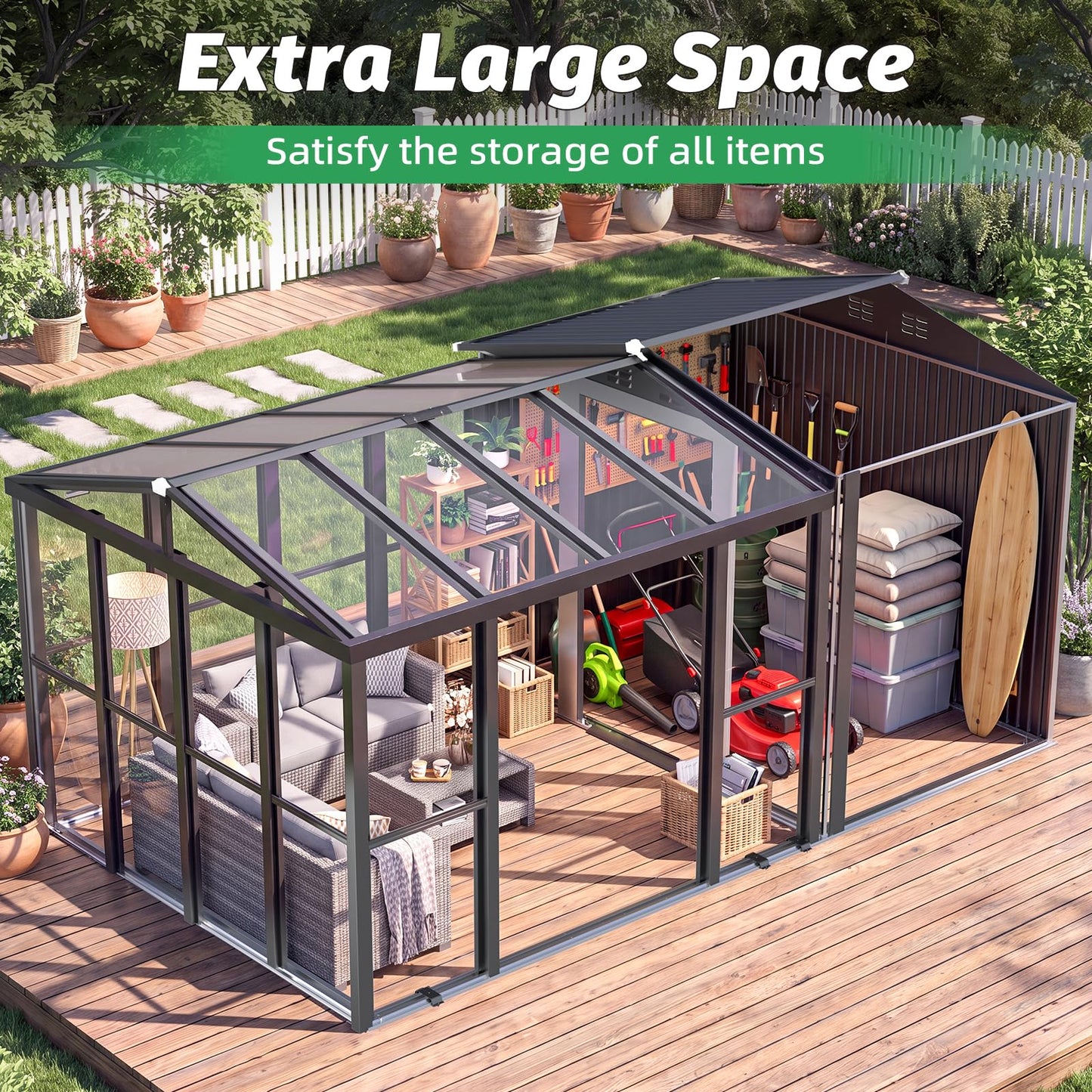 YODOLLA 10x10 Sunroom with 6x10 Shed with Window 2-in-1 Patio Shelter