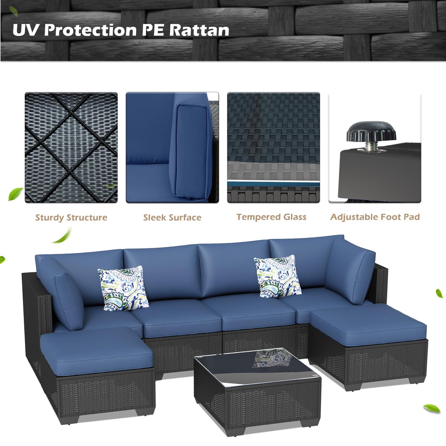 YODOLLA 7 Piece Outdoor Patio Furniture Set with Extra 43 Inch Fire Pit Table, Black Rattan & Navy Cushion