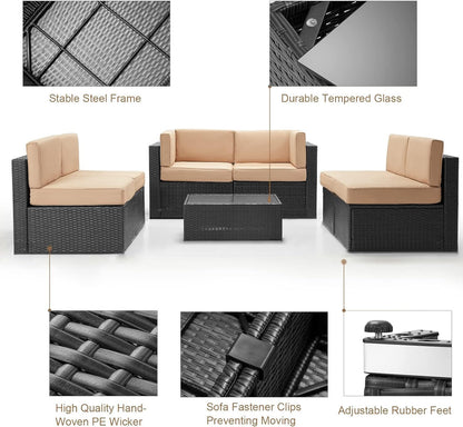 YODOLLA 7 Piece Outdoor Patio Furniture Set with 30 Inch Fire Pit Table, Black Rattan Beige Cushion