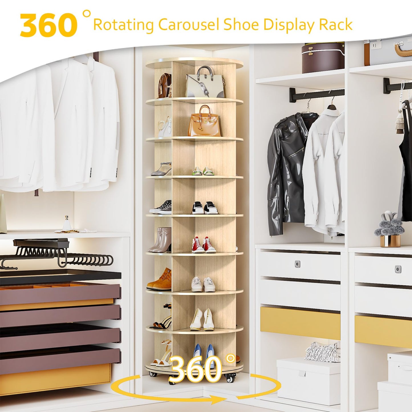 YODOLLA 8 Tier Rotating Shoe Rack Shoe Tower Organizer, Beige