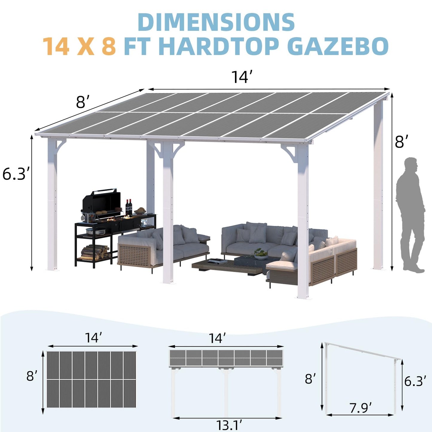 YODOLLA 14'x8' Wall Mounted Gazebos Pergola, White