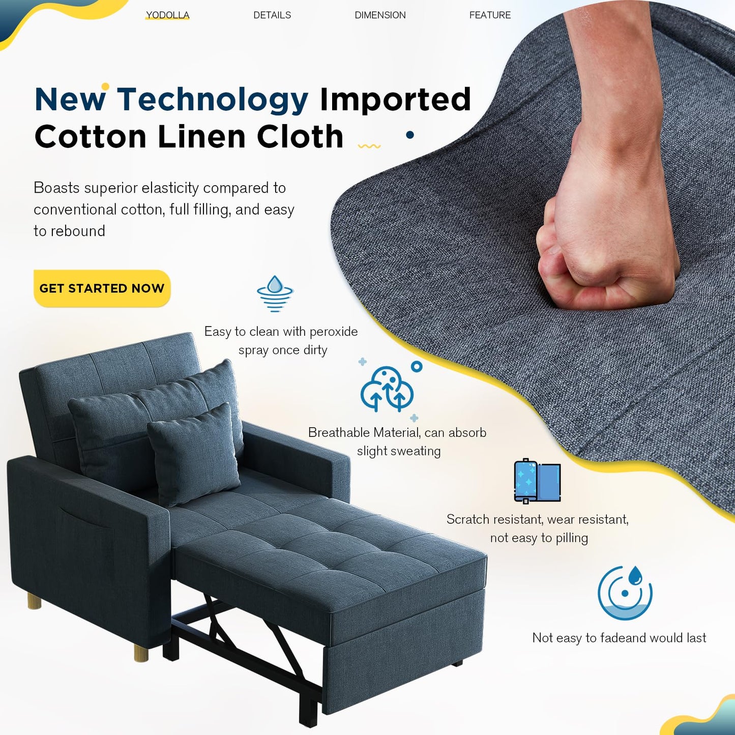 YODOLLA 36" Convertible Chair Bed, Blue