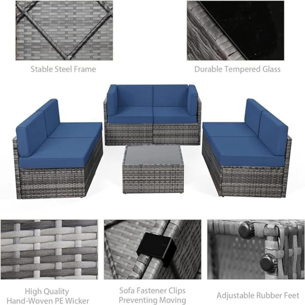 YODOLLA 7 Piece Outdoor Patio Furniture Set with 30 Inch Fire Pit Table, Grey Rattan Dark Blue Cushion