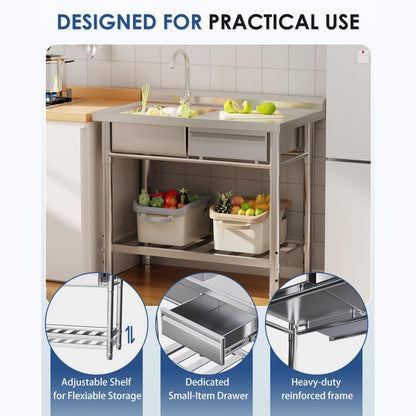 YODOLLA Stainless Steel Utility Sink, Free Standing Single Bowl Commercial Kitchen Sinks