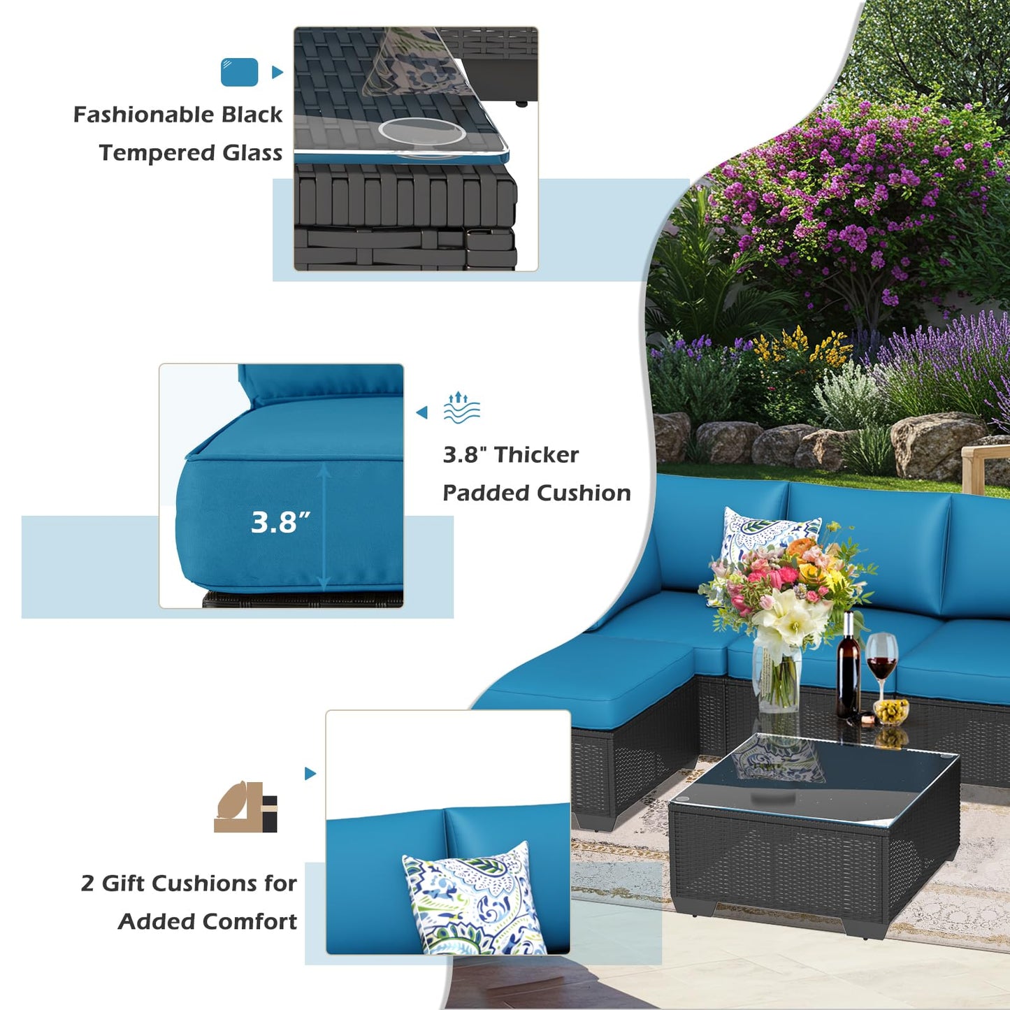 YODOLLA 7 Piece Outdoor Patio Furniture Set with Extra 43'' Fire Pit Table, Black Rattan & Peacock Cushion