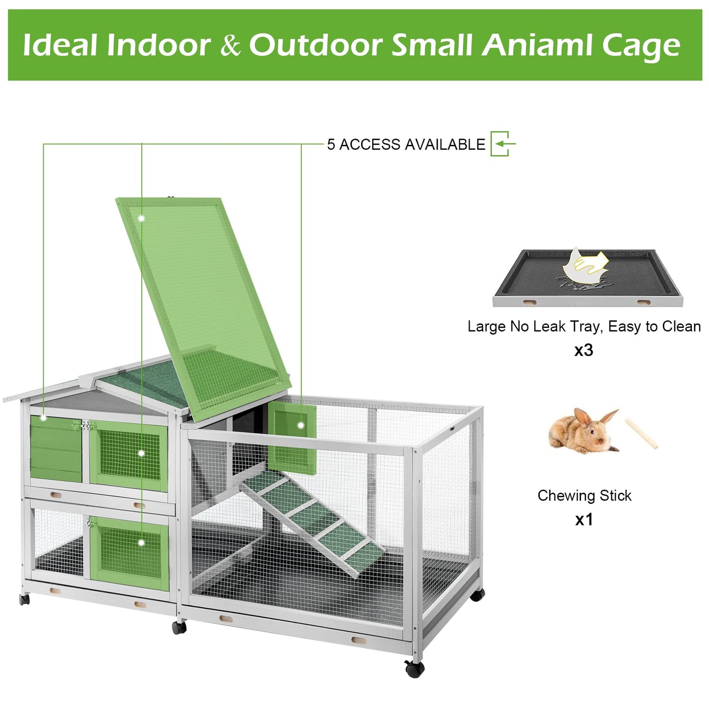 YODOLLA 62'' Rabbit Hutch Two Story Bunny Cage with No Leakage Tray & Waterproof Roof