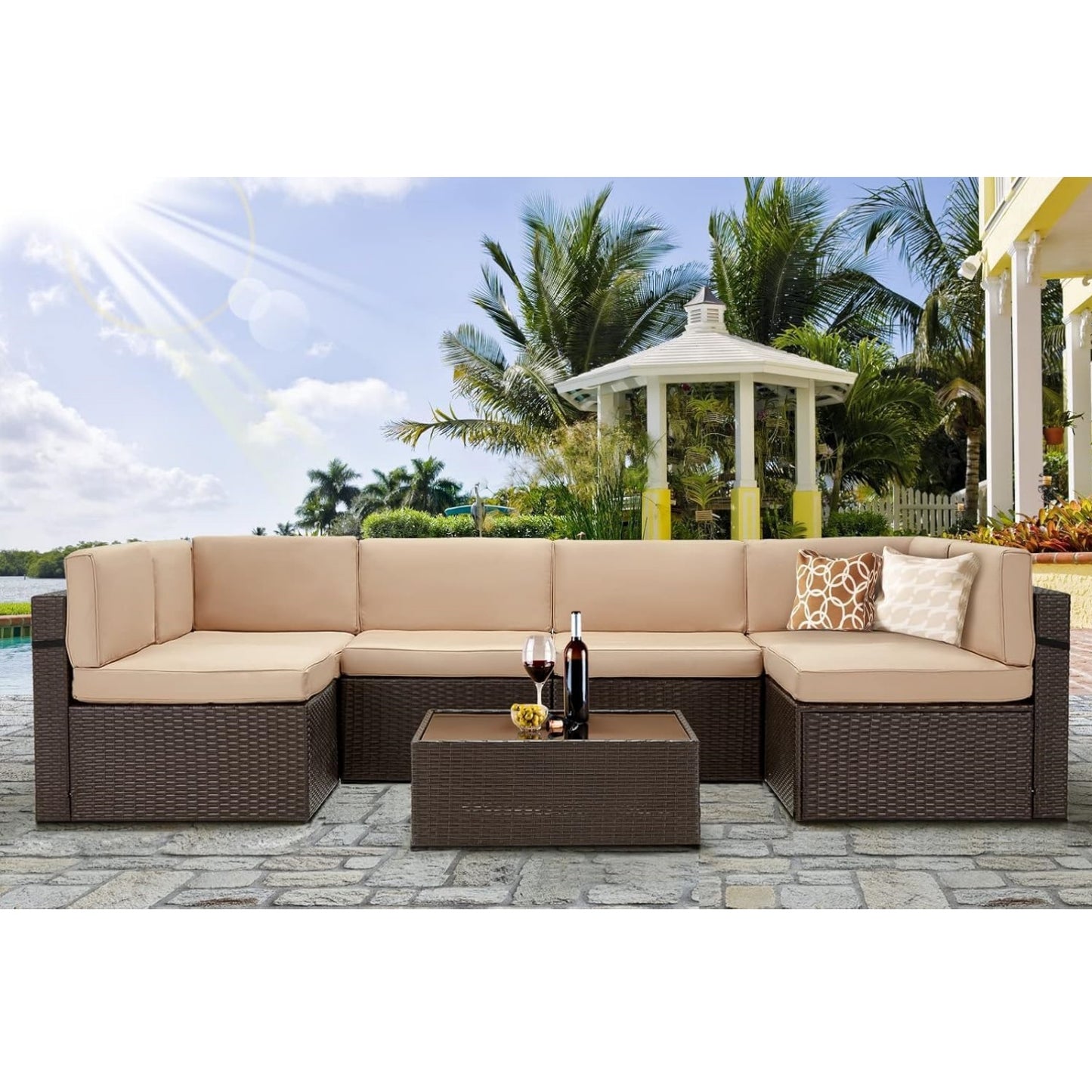 YODOLLA 7 Piece Outdoor Patio Furniture Set with Extra 43 Inch Fire Pit Table, Brown Rattan & Beige Cushion