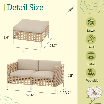 YODOLLA Outdoor Wicker Patio Furniture Sofa, Loveseat+Ottoman