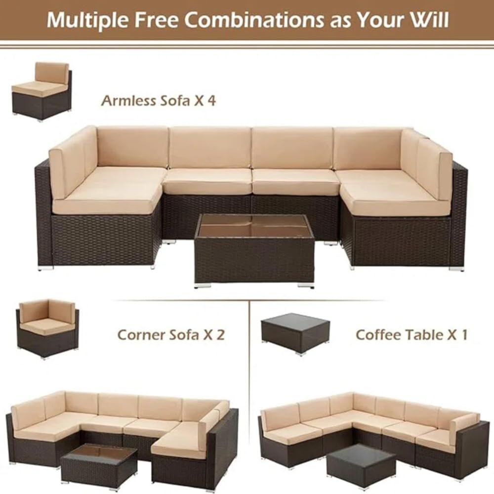 YODOLLA 7 Piece Outdoor Patio Furniture Set with 30 Inch Fire Pit Table, Brown Rattan Beige Cushion