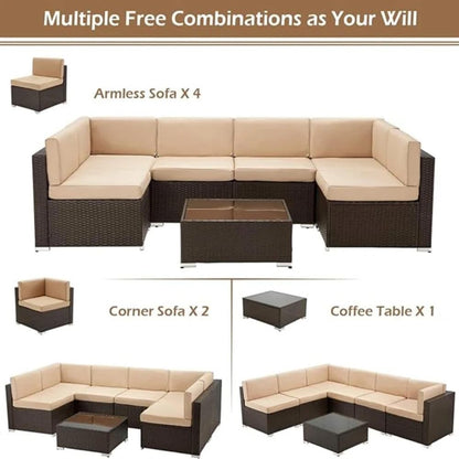 YODOLLA 7 Piece Outdoor Patio Furniture Set with 30 Inch Fire Pit Table, Brown Rattan Beige Cushion