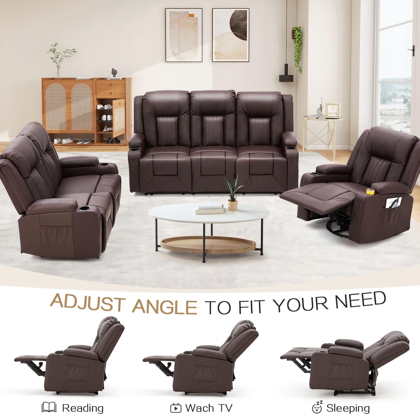 YODOLLA 3 PCS Leather Recliner Sofa Set