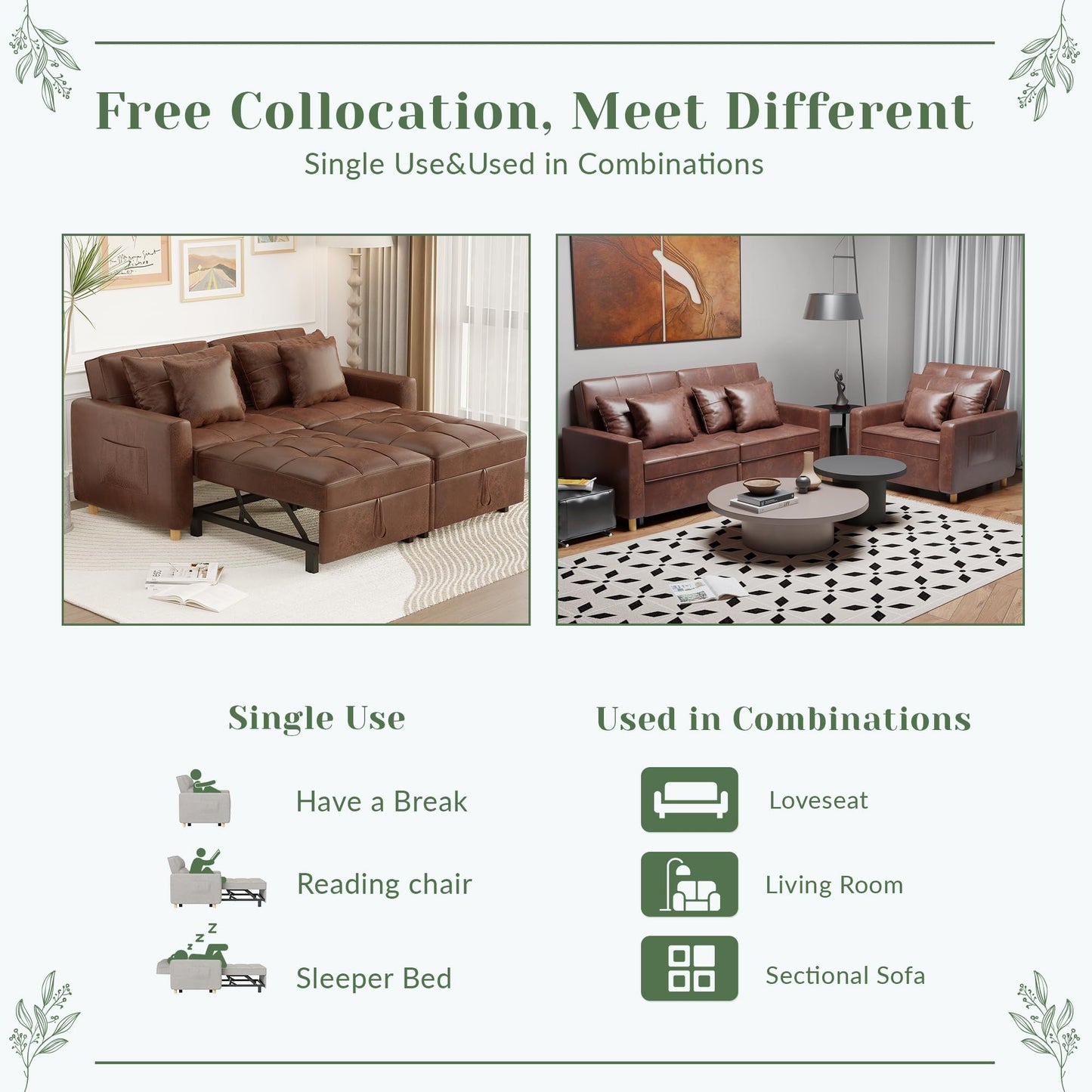 YODOLLA Comfortable 3-1 Convertible Sofa Bed,Brown