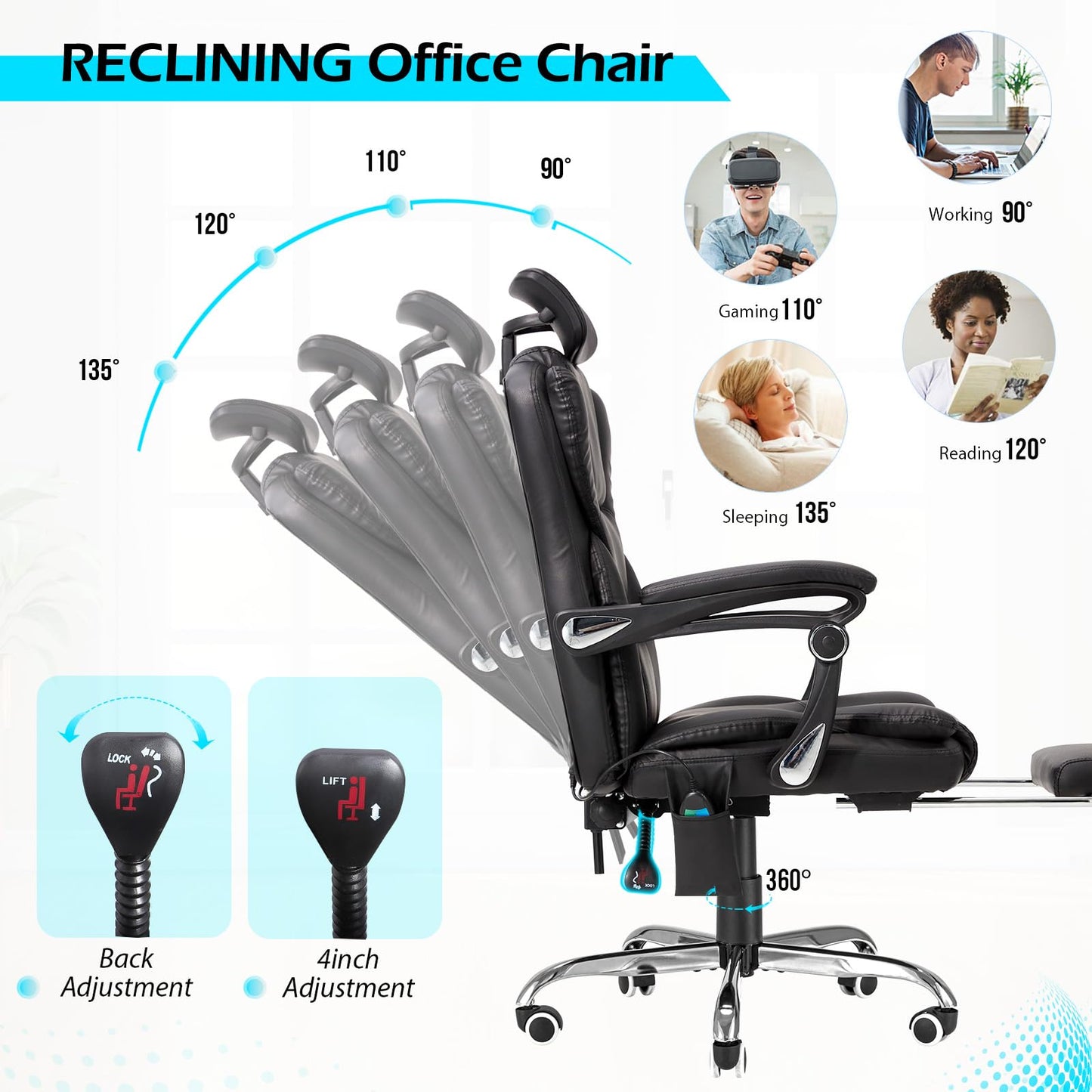 YODOLLA Office Chair with 7 Points Vibration Massage&Heat, Adjustable Ergonomic Recliner, Black