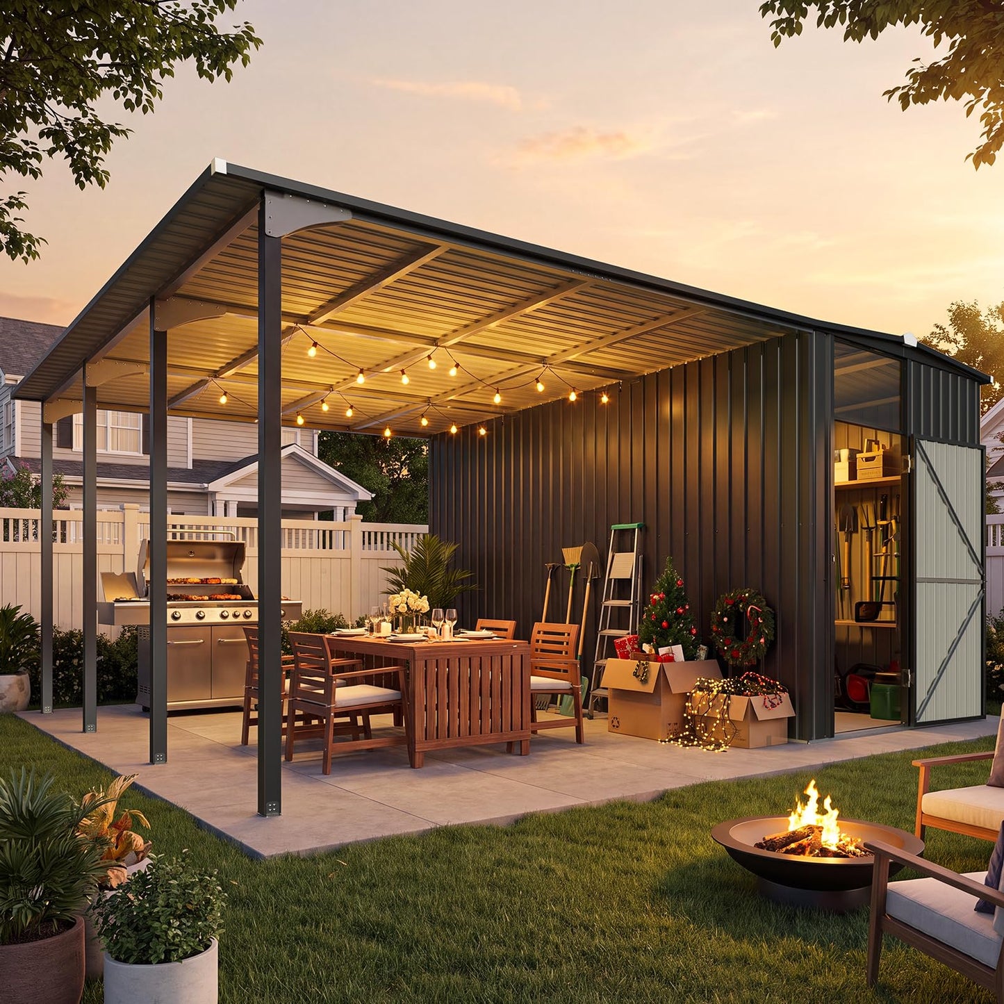 YODOLLA 12x16 Lean to Gazebo Metal Shed Combo, Hardtop Carport with Storage