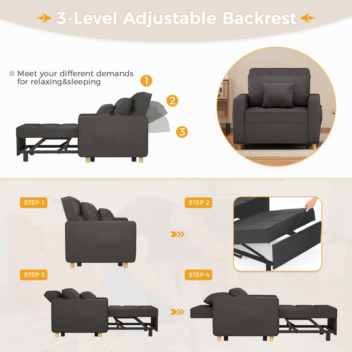 YODOLLA 36" Convertible Chair Bed, Black Leather