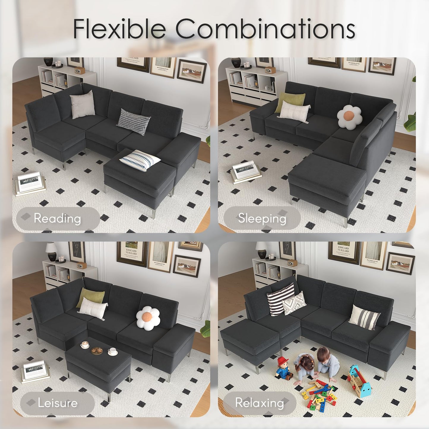 YODOLLA Sectional Couch with Ottoman Convertible Corner Couches with Armrest Storage