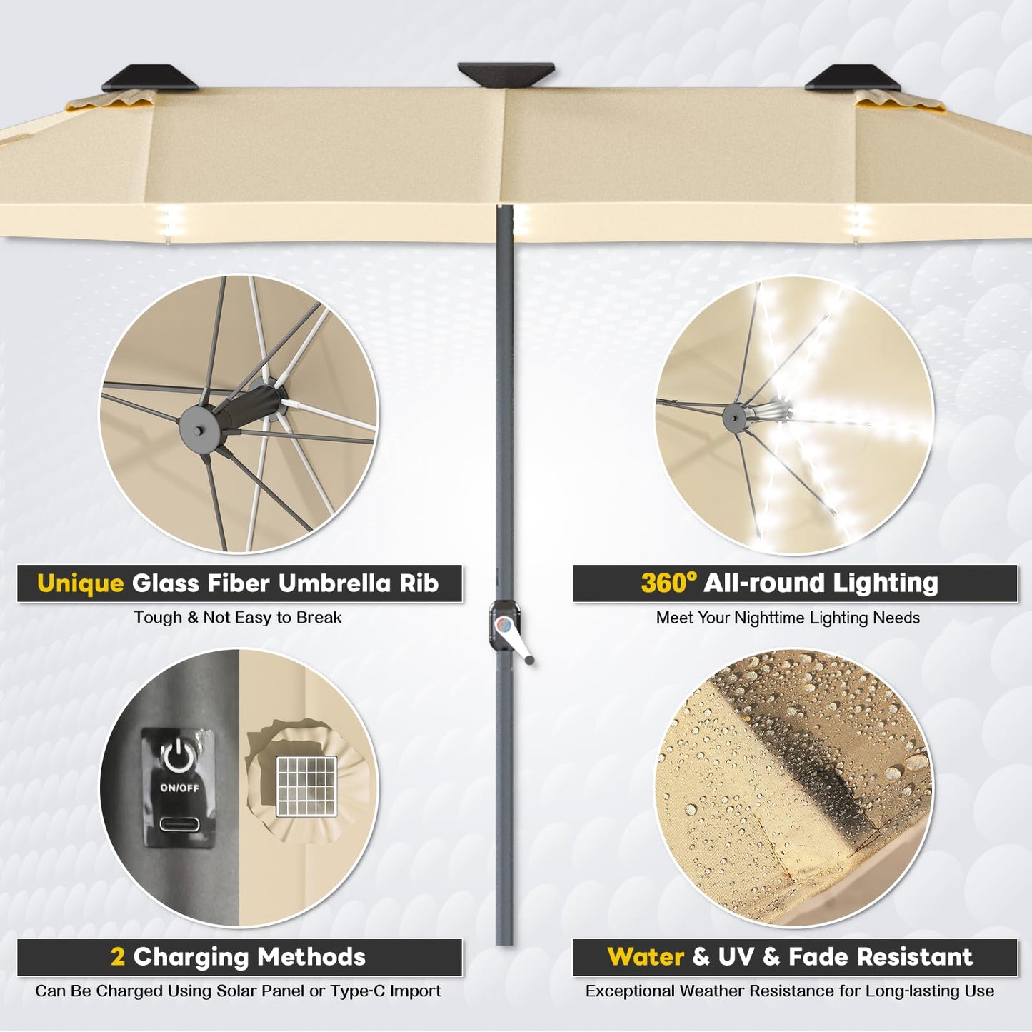 YODOLLA 15ft Double-Sided Patio Umbrella Outdoor Rectangle Umbrella with Base, Tan