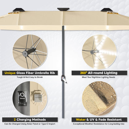 YODOLLA 15ft Double-Sided Patio Umbrella Outdoor Rectangle Umbrella with Base, Tan