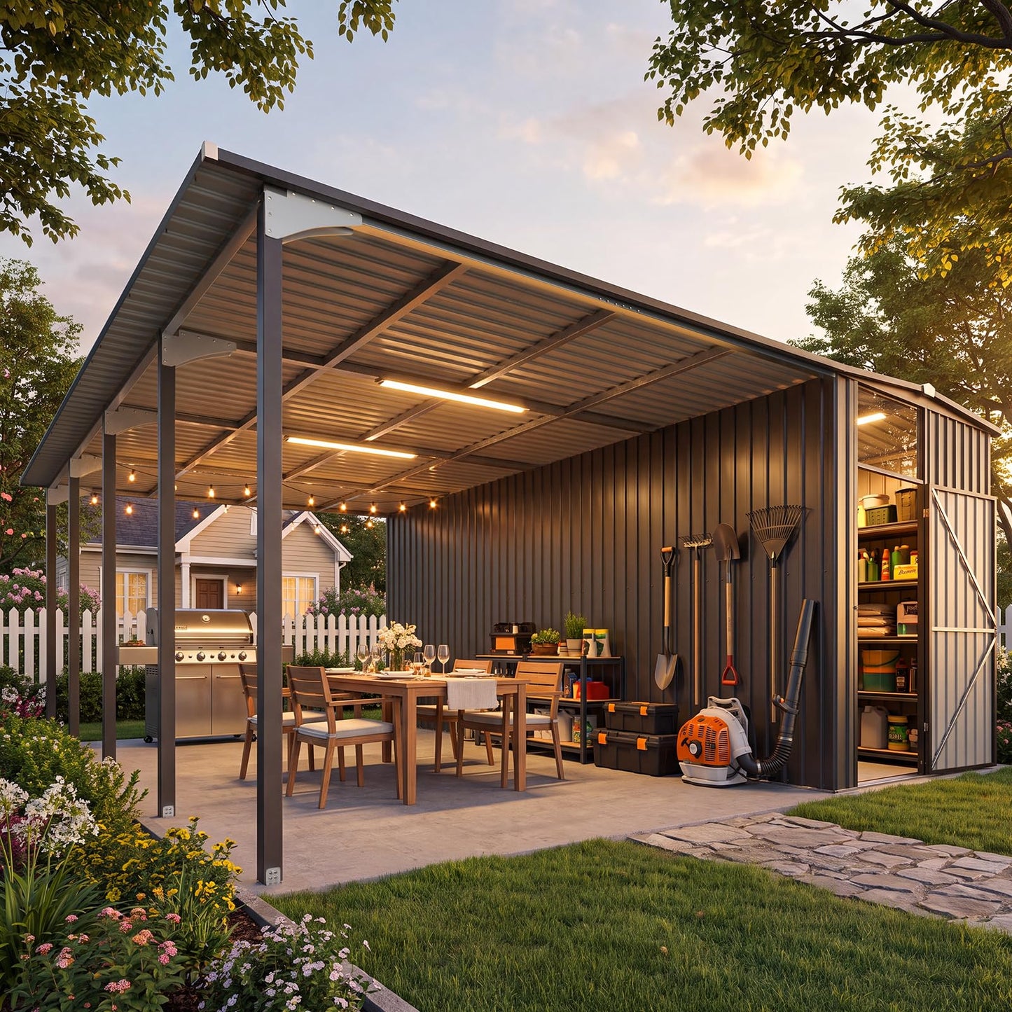 YODOLLA 16x16 Lean to Gazebo Metal Shed Combo, Hardtop Carport with Storage