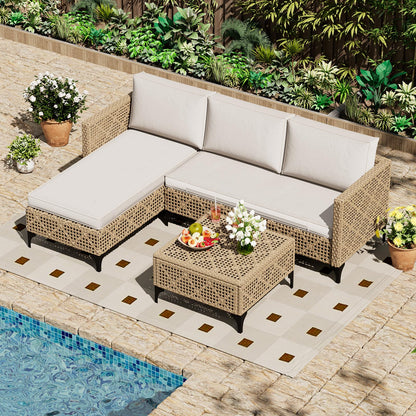 YODOLLA Small Outdoor Patio Furniture Set, 3 Pieces All Weather Wicker Rattan Sectional Sofa