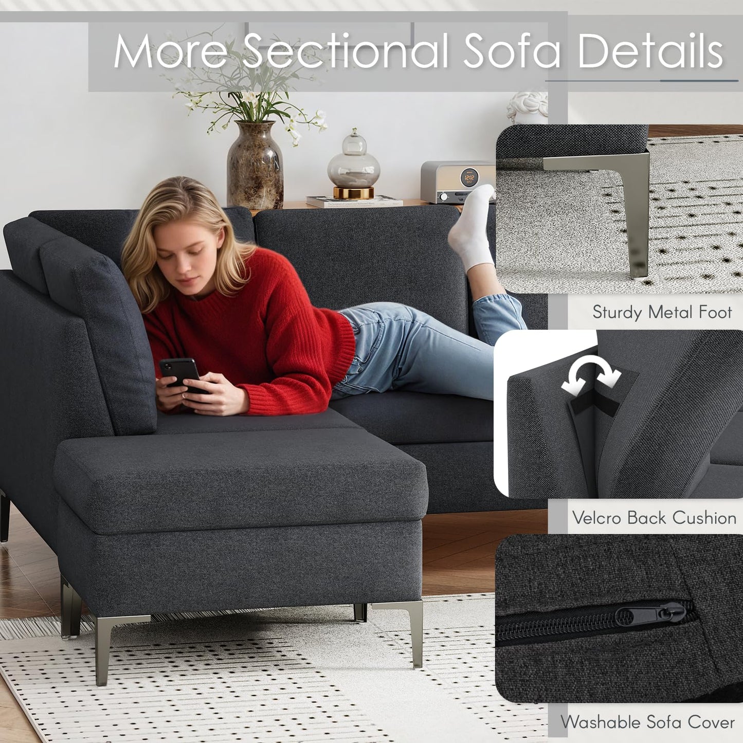 YODOLLA Sectional Couch with Ottoman Convertible Corner Couches with Armrest Storage