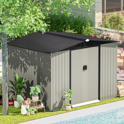 YODOLLA 8 x 6 Ft Outdoor Storage Tool Shed with Sliding Door, Grey