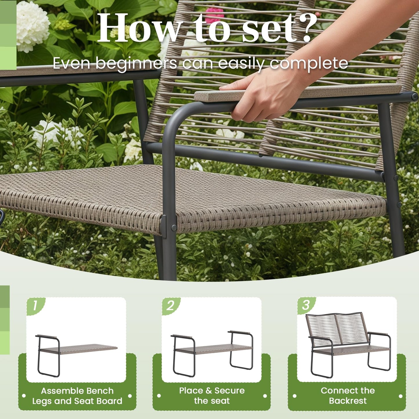 YODOLLA Outdoor Garden Bench, Weatherproof Wicker Patio Loveseat with Backrest Armrests