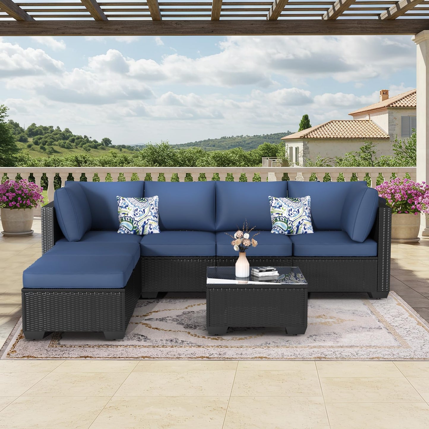 YODOLLA 7 Piece Outdoor Patio Furniture Set with 30 Inch Fire Pit Table, Black Rattan Dark Blue Cushion