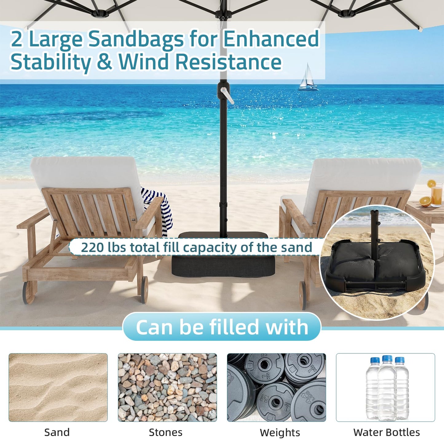 YODOLLA Patio Umbrella Base, 220 lbs Heavy Duty Sand with 2 Sandbags