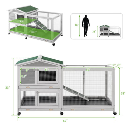 YODOLLA 62'' Rabbit Hutch Two Story Bunny Cage with No Leakage Tray & Waterproof Roof