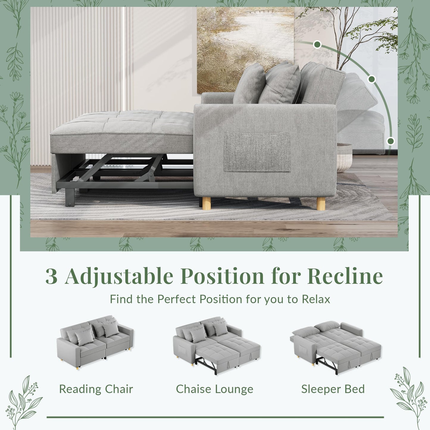 YODOLLA Comfortable 3-1 Convertible Sofa Bed, Gray