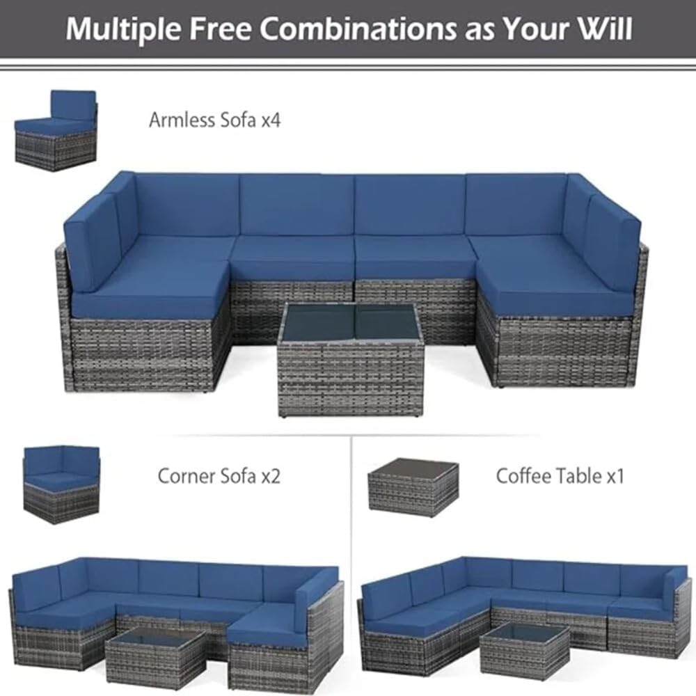 YODOLLA 7 Piece Outdoor Patio Furniture Set with Extra 43'' Fire Pit Table, Gray Rattan & Navy Cushion