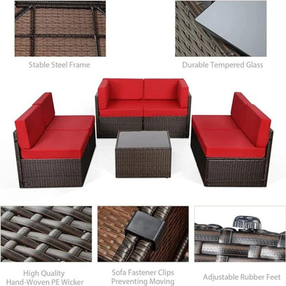 YODOLLA 7 Piece Outdoor Patio Furniture Set with 30 Inch Fire Pit Table, Brown Rattan Red Cushion