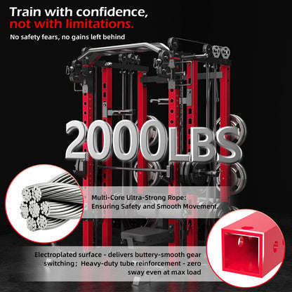 YODOLLA Smith Machine Power Squat Rack Cage, 2000lbs All in One Dual Cable Crossover Machine