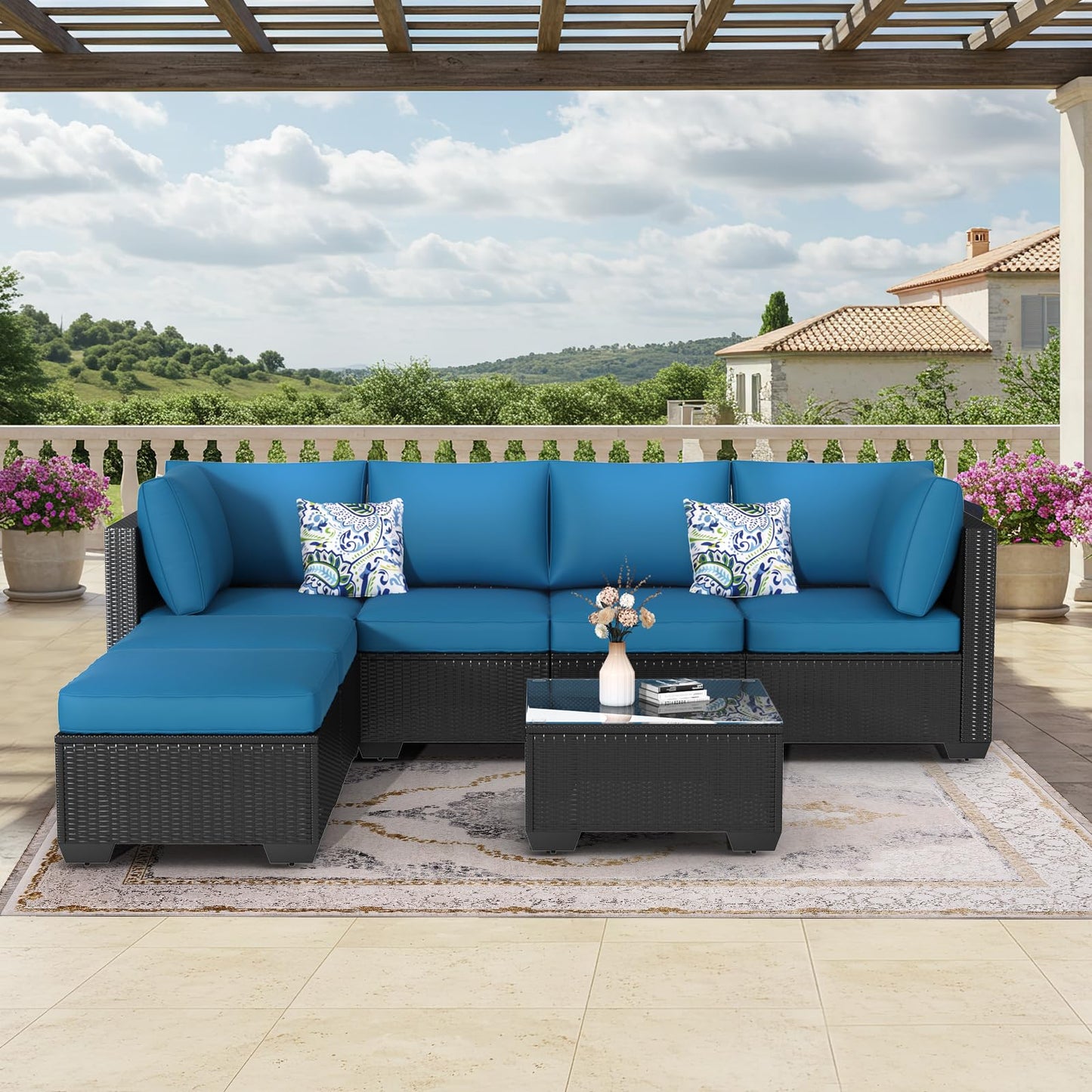 YODOLLA 7 Piece Outdoor Patio Furniture Set with Extra 43'' Fire Pit Table, Black Rattan & Peacock Cushion