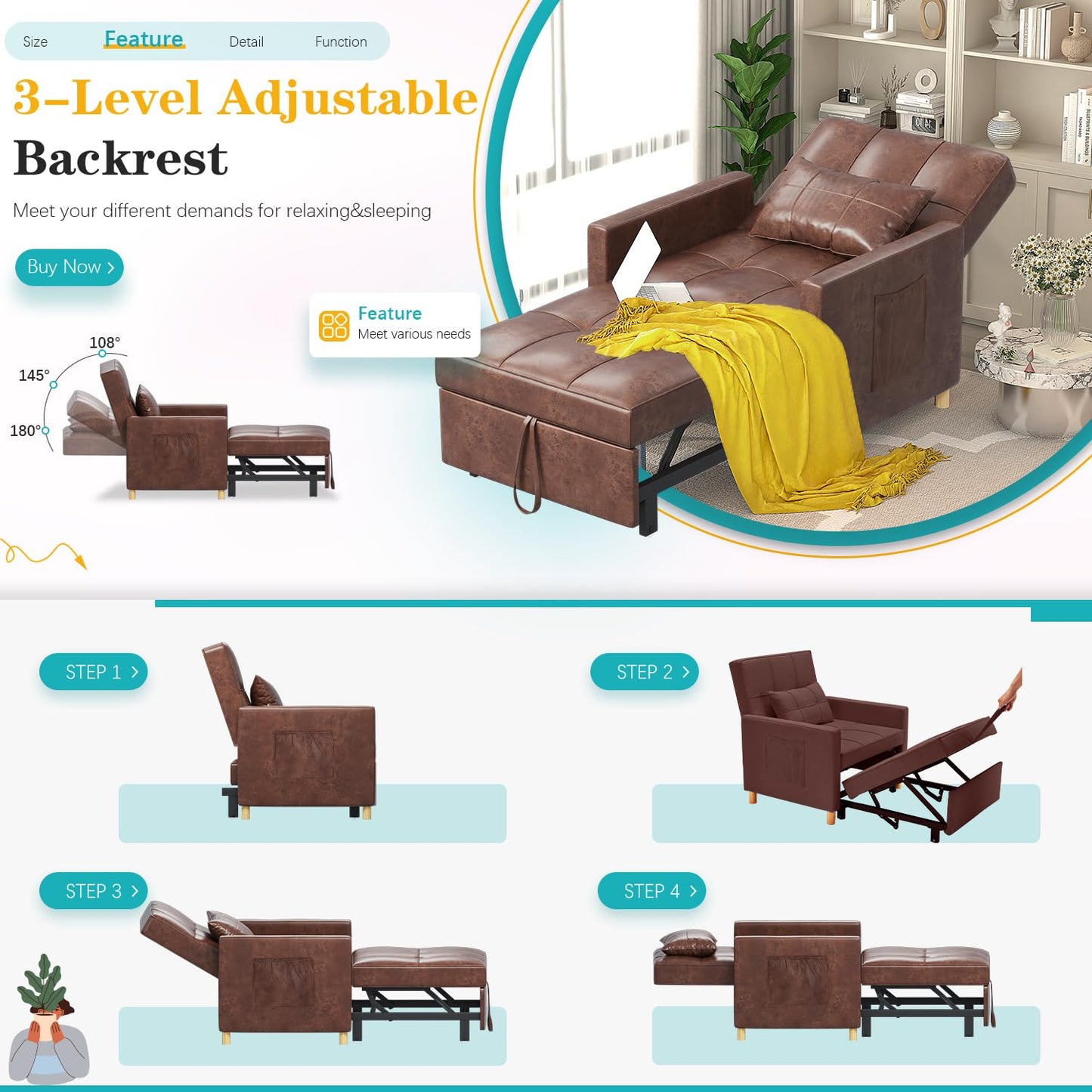 YODOLLA 3 in 1 Chair Bed Sleeper for Adults, Brown
