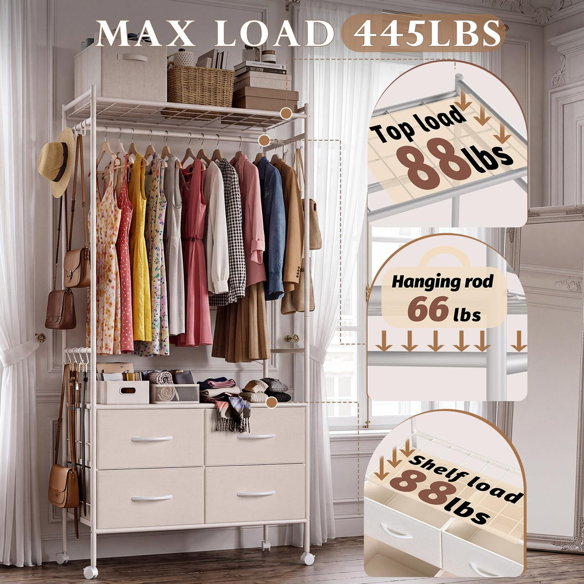 YODOLLA Rolling Clothes Rack with 4 Fabric Drawers, Portable Closet Organizer for Hanging Clothes