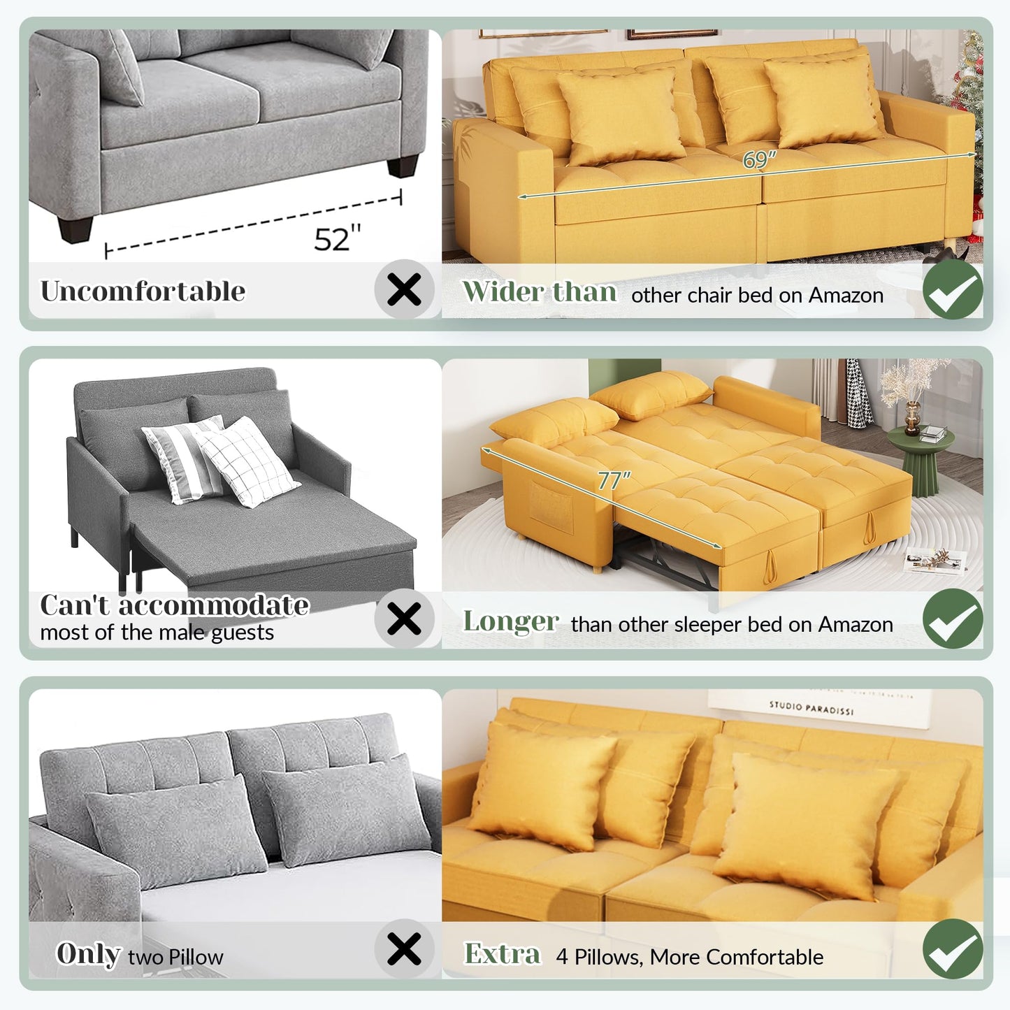 YODOLLA Comfortable 3-1 Convertible Sofa Bed,Yellow