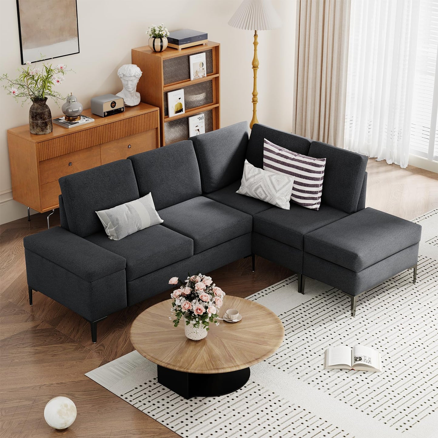 YODOLLA Sectional Couch with Ottoman Convertible Corner Couches with Armrest Storage