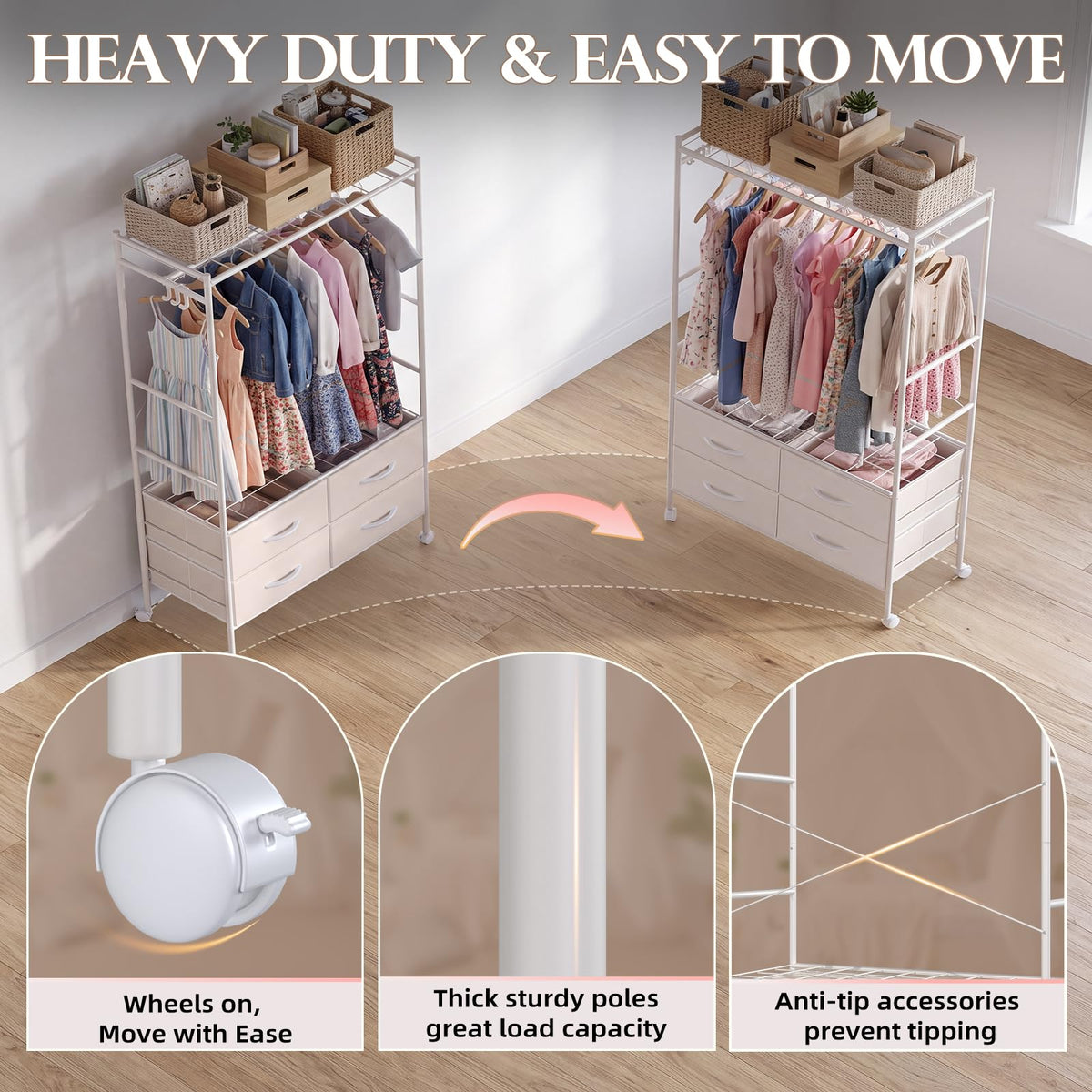 YODOLLA Rolling Clothes Rack with 4 Fabric Drawers, Portable Closet Organizer for Hanging Clothes