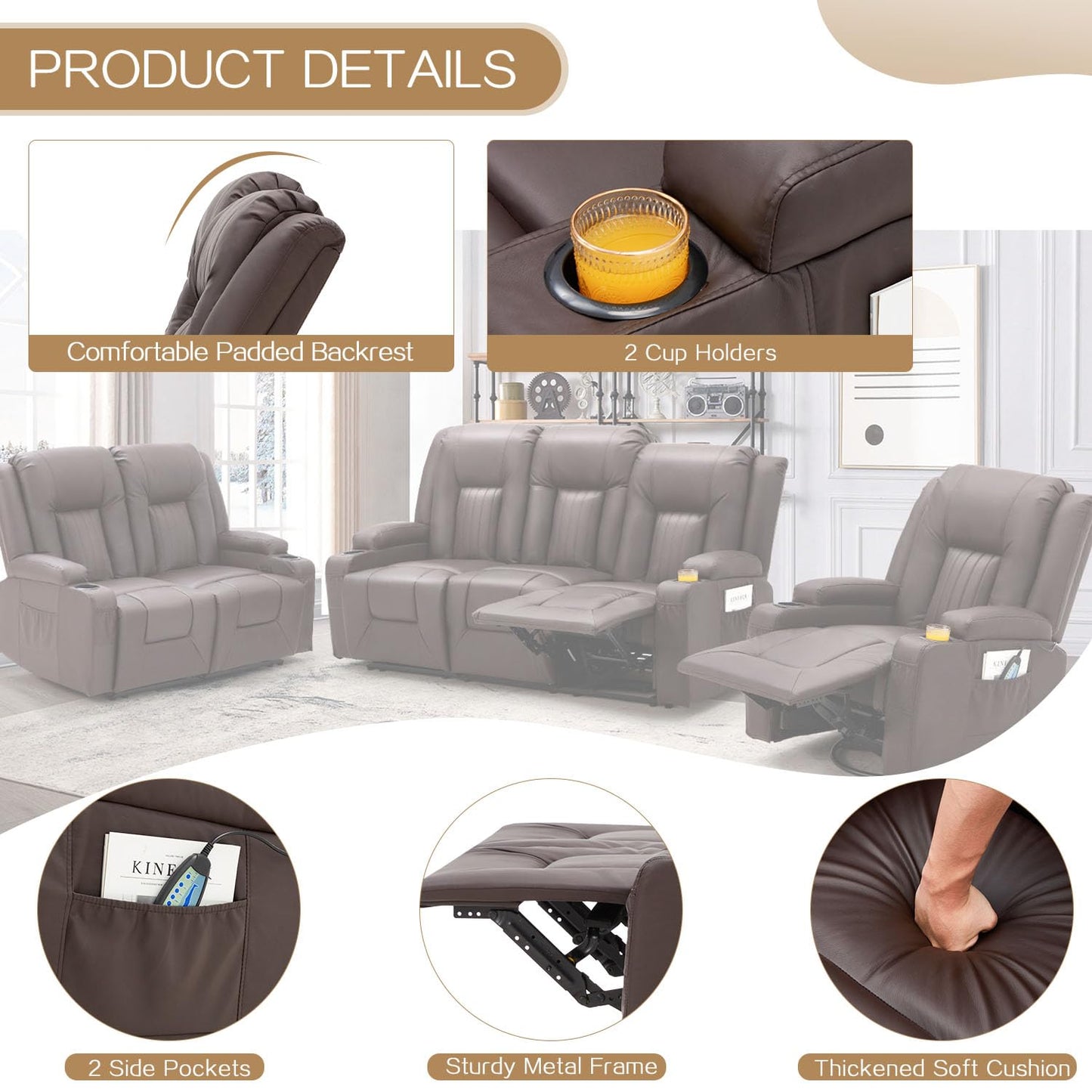 YODOLLA 3 PCS Leather Recliner Sofa Set