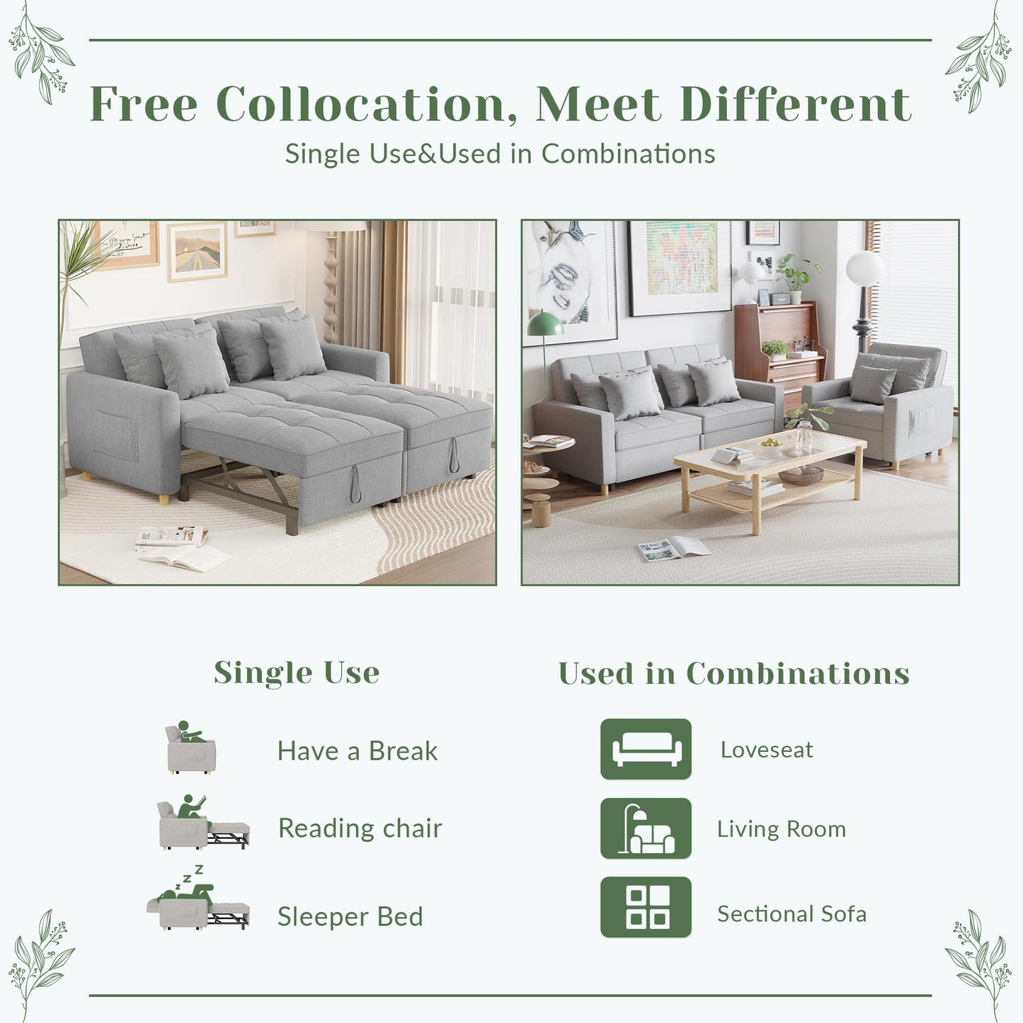 YODOLLA Comfortable 3-1 Convertible Sofa Bed, Gray