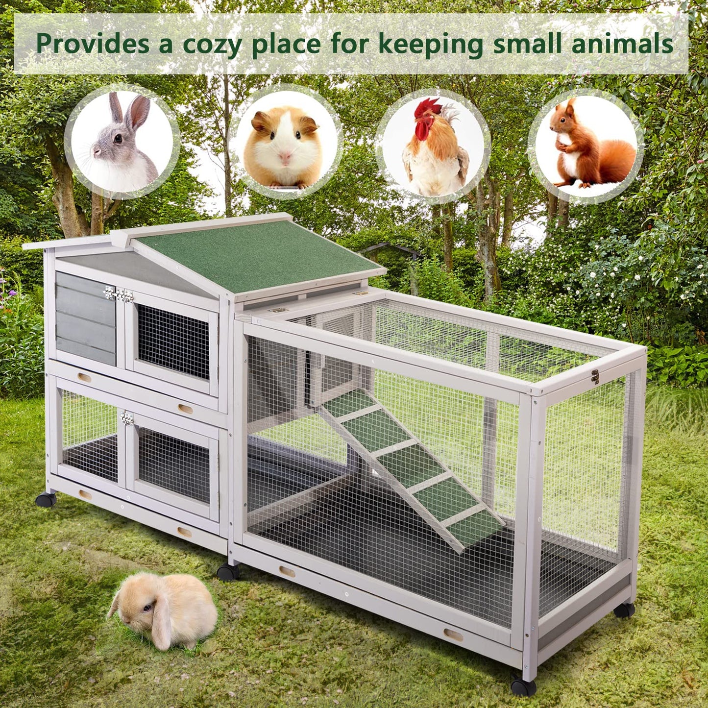 YODOLLA 62'' Rabbit Hutch Two Story Bunny Cage with No Leakage Tray & Waterproof Roof