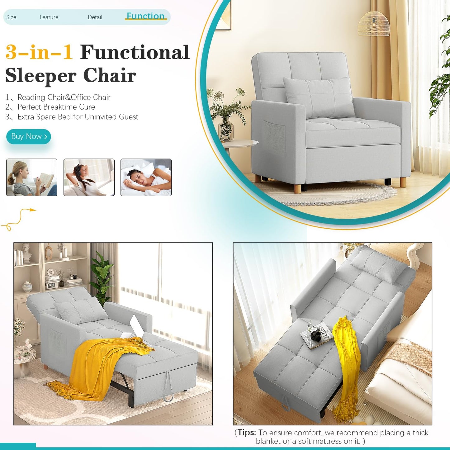 YODOLLA 3 in 1 Chair Bed Sleeper for Adults, Gray