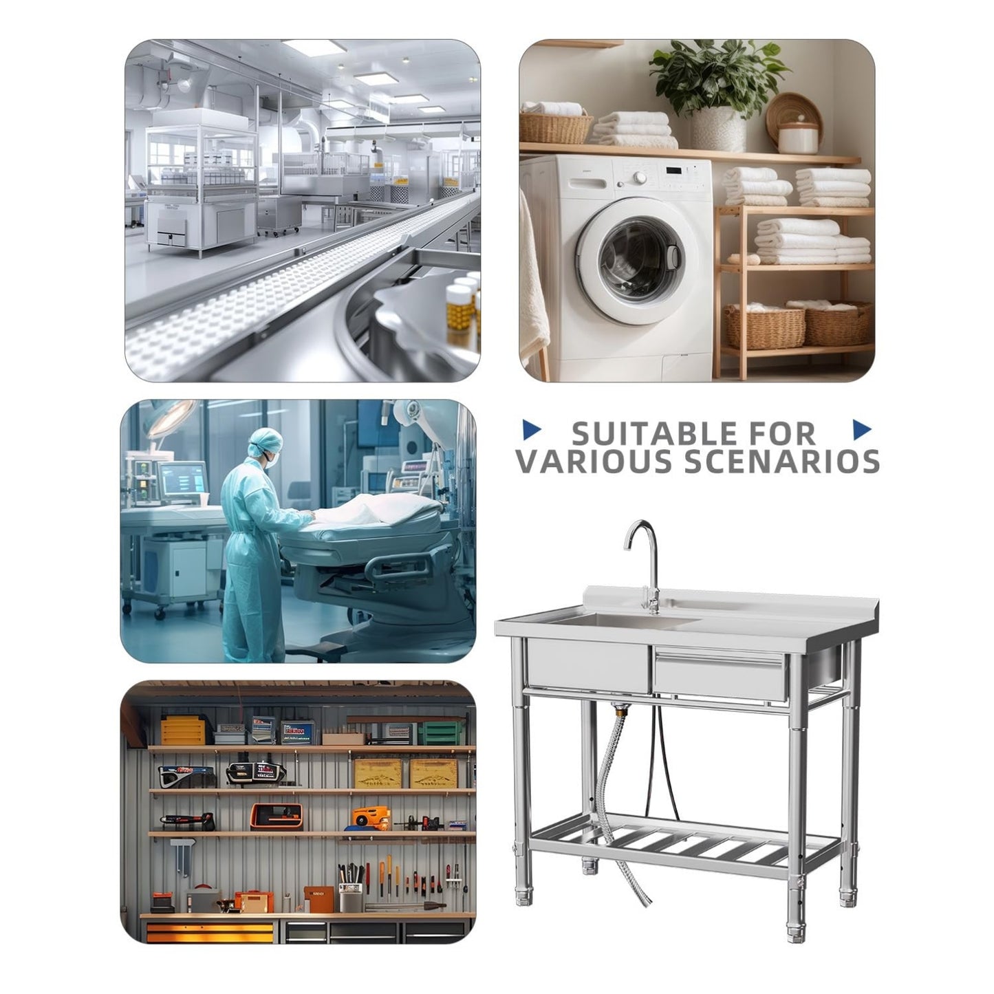 YODOLLA Stainless Steel Utility Sink, Free Standing Single Bowl Commercial Kitchen Sinks