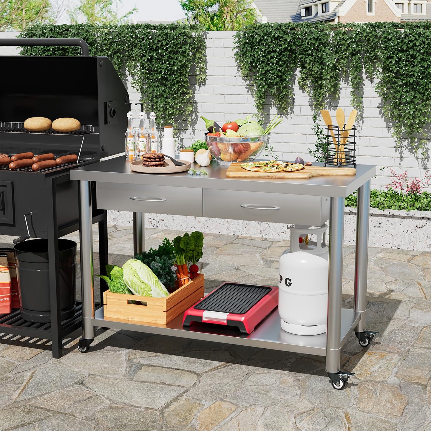 YODOLLA Stainless Steel Work Table with Drawers, 48"x24" Prep Table