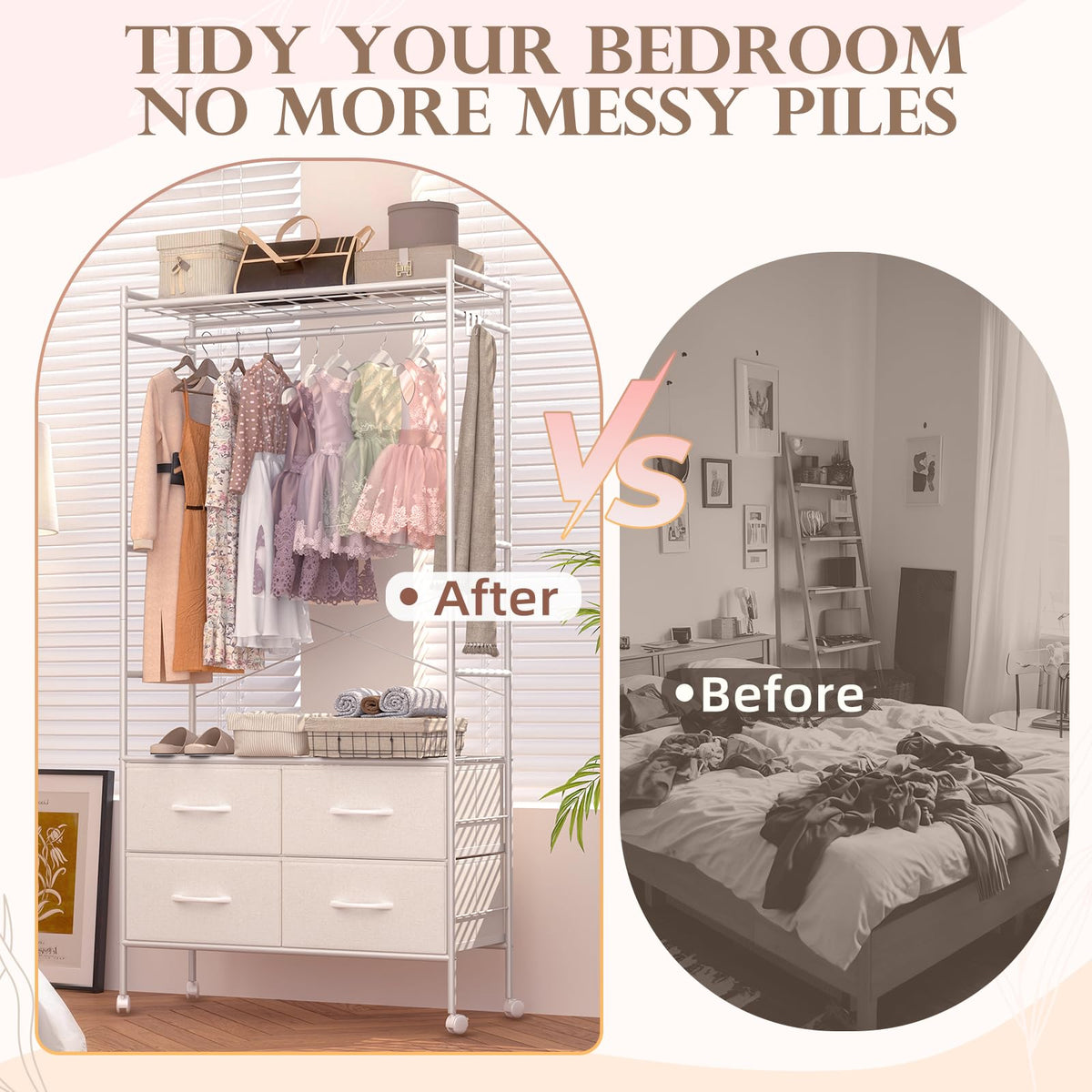 YODOLLA Rolling Clothes Rack with 4 Fabric Drawers, Portable Closet Organizer for Hanging Clothes
