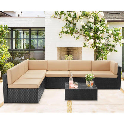YODOLLA 7 Piece Outdoor Patio Furniture Set with Extra 43 Inch Fire Pit Table, Black Rattan & Beige Cushion